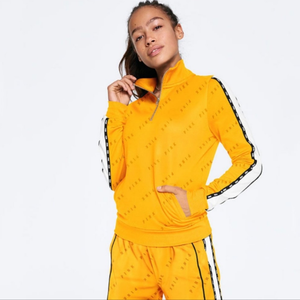 PINK VS Quarter Zip Up Track Jacket Gold w/ Blk Pink Ticking